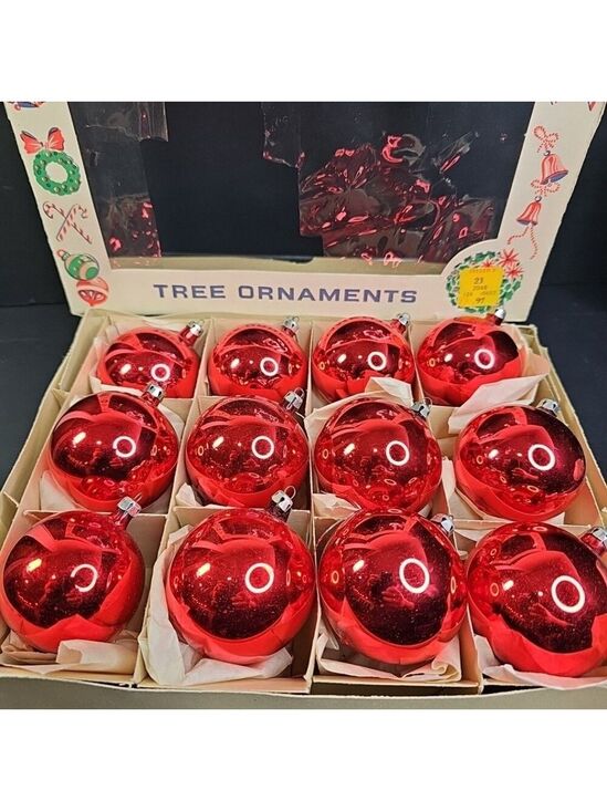 Other - Vintage Poland Christmas Ornaments Baubles Set Of 12 RED Shiny Glass